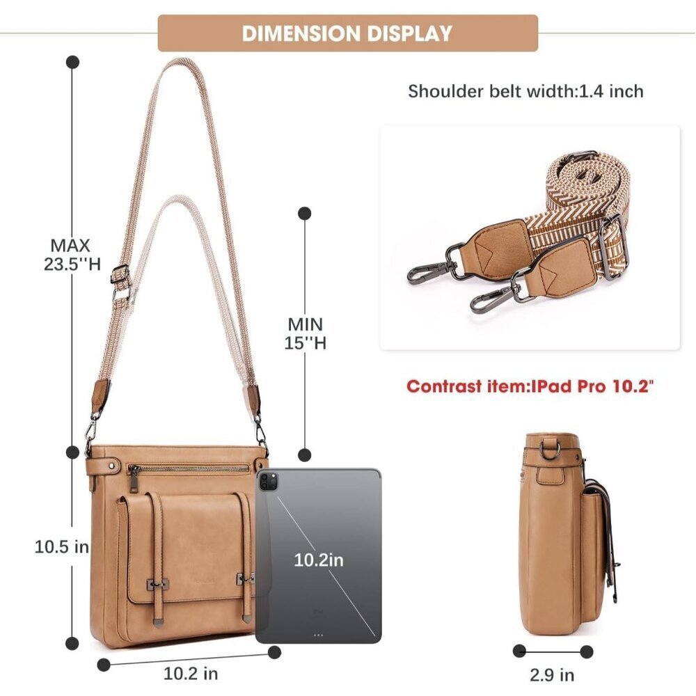 Women’s Khaki Leather Purses Multi-Pocket Adjustable Strap Crossbody Bags - Picture 6 of 6